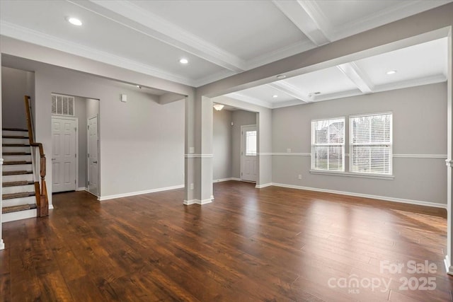 4095 Harmattan Dr, Denver, NC 28037 - unfurnished living room with wood-type flooring, beamed ceiling, stairway, crown molding, and recessed lighting