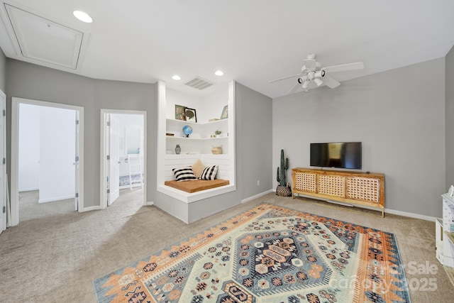 436 Third Baxter St, Fort Mill, SC 29708 - living room with light colored carpet, a ceiling fan, recessed lighting, baseboards, and attic access
