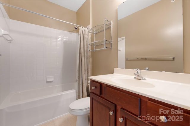 17111 Doe Valley Ct, Cornelius, NC 28031 - bathroom featuring shower / bath combination with curtain, vanity, toilet, and tile patterned flooring