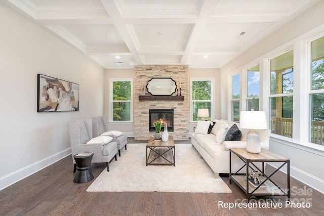 living room with baseboards, healthy amount of natural light, wood finished floors, beam ceiling, and coffered ceiling