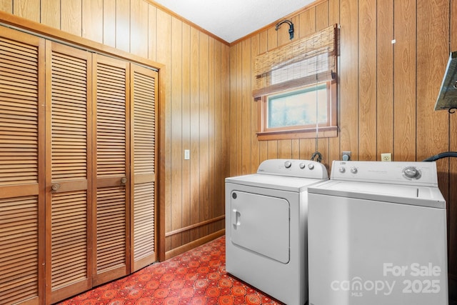 4306 Joplin Rd, Hudson, NC 28638 - laundry area with washer and dryer, wooden walls, and crown molding