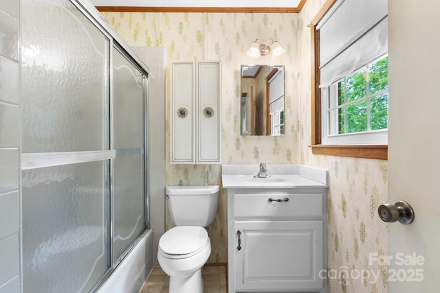 4306 Joplin Rd, Hudson, NC 28638 - full bath with wallpapered walls, vanity, toilet, combined bath / shower with glass door, and tile patterned floors