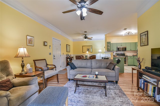 214 Appeldoorn Cir, Asheville, NC 28803 - living area with a ceiling fan, ornamental molding, and light wood finished floors