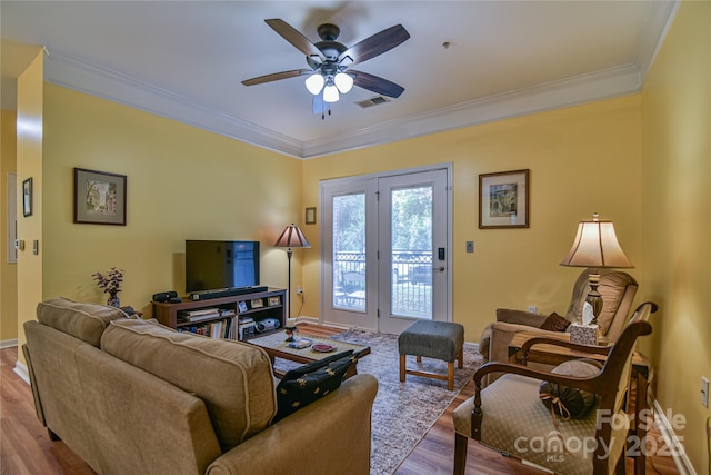 214 Appeldoorn Cir, Asheville, NC 28803 - living room with wood finished floors, ceiling fan, ornamental molding, and baseboards