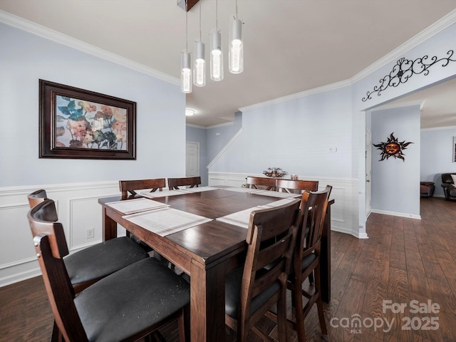 5003 Singletree Ln, Indian Trail, NC 28079 - dining room with crown molding, dark wood-type flooring, and wainscoting