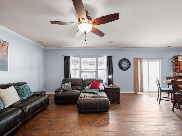 5003 Singletree Ln, Indian Trail, NC 28079 - living room featuring wood-type flooring, ceiling fan, and ornamental molding