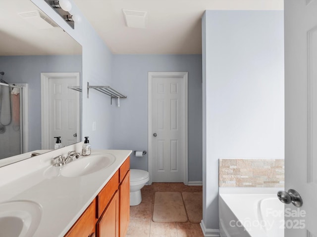 5003 Singletree Ln, Indian Trail, NC 28079 - bathroom with a garden tub, double vanity, tile patterned flooring, and a shower with shower door
