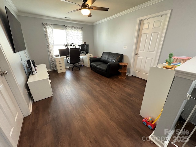 5003 Singletree Ln, Indian Trail, NC 28079 - office featuring ceiling fan, dark wood finished floors, and crown molding