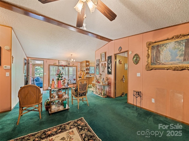 3407 Thickety Rd, Clyde, NC 28721 - dining space featuring carpet, a textured ceiling, a ceiling fan, a chandelier, and beamed ceiling
