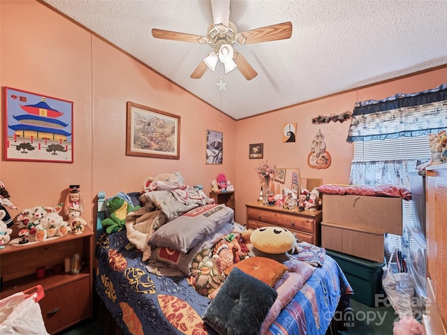 3407 Thickety Rd, Clyde, NC 28721 - bedroom featuring a textured ceiling, lofted ceiling, crown molding, ceiling fan, and carpet flooring