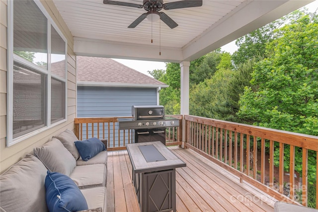 70 Rose Creek Rd, Leicester, NC 28748 - wooden deck with an outdoor living space, a ceiling fan, and a grill