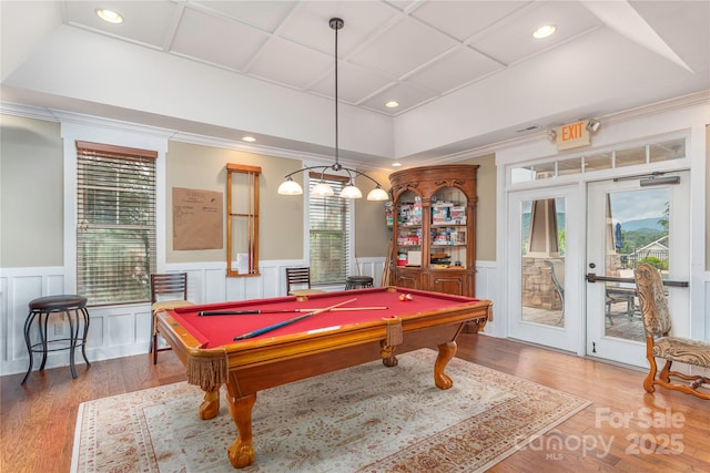 70 Rose Creek Rd, Leicester, NC 28748 - game room with a wainscoted wall, billiards table, french doors, wood finished floors, and crown molding