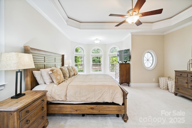 6795 Montgomery Rd, Lake Wylie, SC 29710 - carpeted bedroom with a tray ceiling, crown molding, baseboards, and ceiling fan