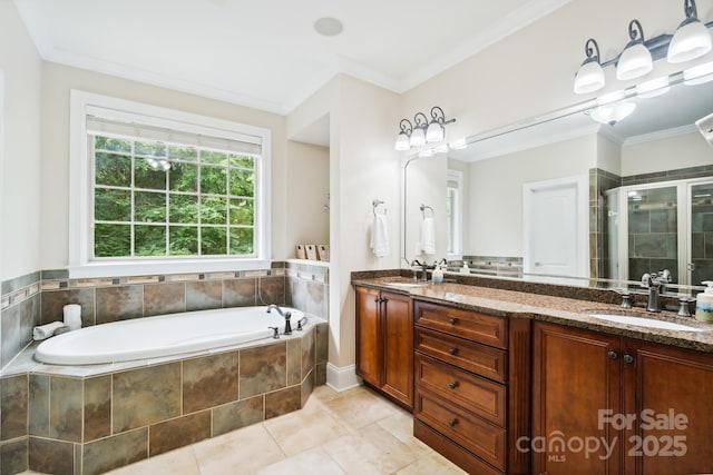 6795 Montgomery Rd, Lake Wylie, SC 29710 - full bathroom featuring double vanity, a shower stall, a garden tub, ornamental molding, and tile patterned flooring