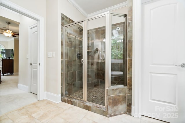 6795 Montgomery Rd, Lake Wylie, SC 29710 - bathroom with a ceiling fan, a shower stall, ornamental molding, and baseboards