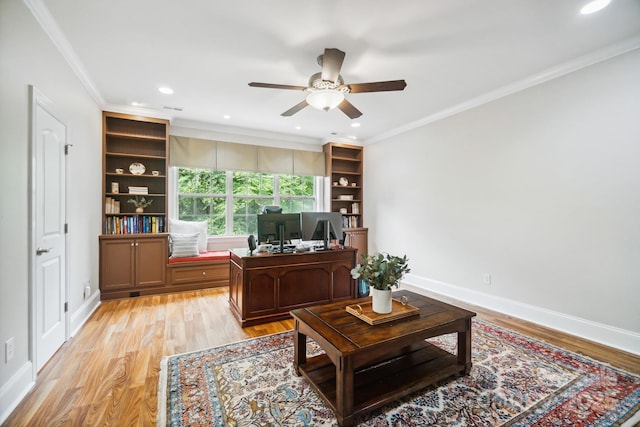 6795 Montgomery Rd, Lake Wylie, SC 29710 - home office featuring a ceiling fan, light wood-style floors, ornamental molding, baseboards, and recessed lighting
