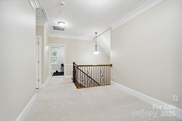6795 Montgomery Rd, Lake Wylie, SC 29710 - hall with an upstairs landing, crown molding, attic access, carpet, and baseboards