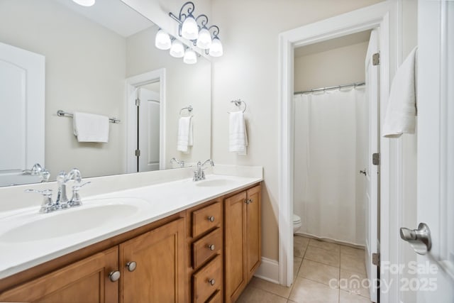 6795 Montgomery Rd, Lake Wylie, SC 29710 - full bath featuring toilet, double vanity, tile patterned flooring, and a shower with shower curtain