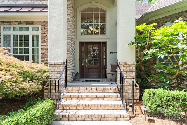 6795 Montgomery Rd, Lake Wylie, SC 29710 - entrance to property featuring stucco siding, roof with shingles, and stone siding