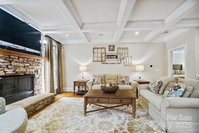 6795 Montgomery Rd, Lake Wylie, SC 29710 - living room with beam ceiling, wood finished floors, coffered ceiling, a fireplace, and recessed lighting