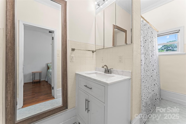 2315 Lanesboro Rd, Marshville, NC 28103 - full bathroom featuring vanity, a shower with curtain, and tile walls