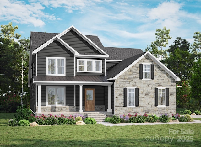 7513 Lancaster Hwy Unit 6, Waxhaw, NC 28173 - view of front of property with stone siding, a front yard, covered porch, and roof with shingles