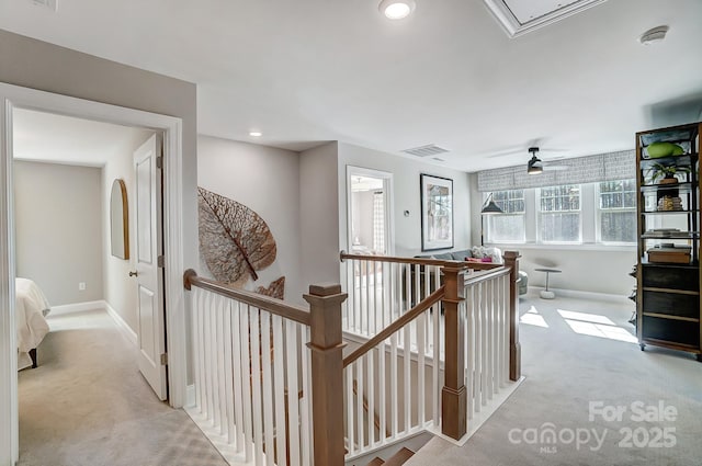 7513 Lancaster Hwy Unit 6, Waxhaw, NC 28173 - corridor with an upstairs landing, carpet flooring, attic access, baseboards, and recessed lighting