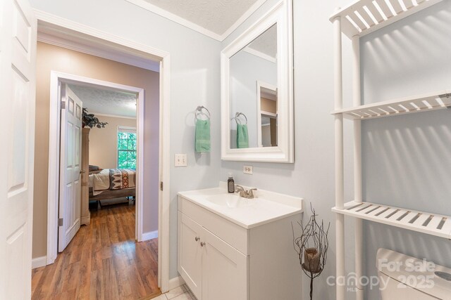 225 Opal Dr, Whittier, NC 28789 - bathroom with vanity, wood finished floors, crown molding, baseboards, and ensuite bath
