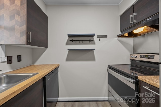 415 W 7th St Unit H, Charlotte, NC 28202 - kitchen featuring electric stove, dishwasher, light wood-type flooring, dark brown cabinets, and a sink