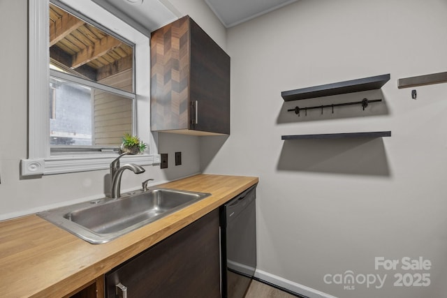 415 W 7th St Unit H, Charlotte, NC 28202 - kitchen with a sink, black dishwasher, wood counters, and dark brown cabinets