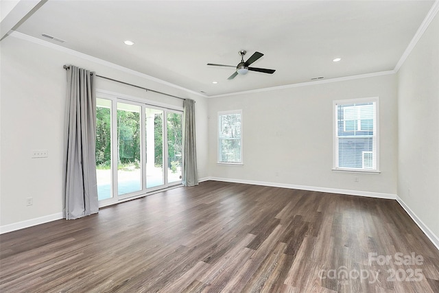 163 Crenshaw Pl NW, Concord, NC 28027 - unfurnished room with healthy amount of natural light, dark wood-type flooring, a ceiling fan, ornamental molding, and recessed lighting