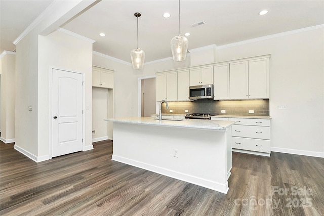 163 Crenshaw Pl NW, Concord, NC 28027 - kitchen featuring stainless steel microwave, a sink, stove, dark wood-type flooring, and ornamental molding