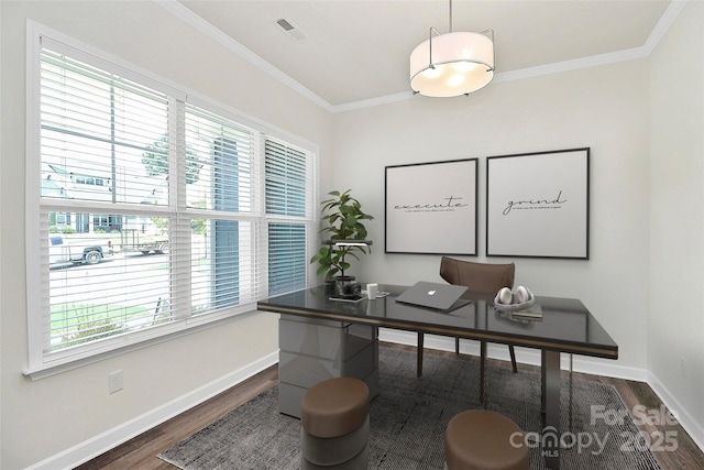 163 Crenshaw Pl NW, Concord, NC 28027 - office area featuring dark wood-style floors, baseboards, and crown molding