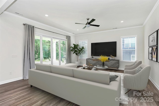 163 Crenshaw Pl NW, Concord, NC 28027 - living area with wood finished floors, baseboards, ceiling fan, recessed lighting, and ornamental molding