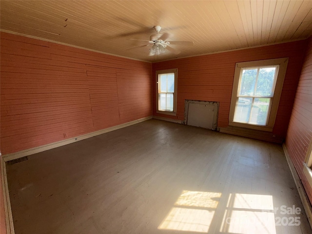 1445 33rd St SW, Hickory, NC 28602 - spare room with a ceiling fan, light wood-style floors, wood ceiling, and wooden walls