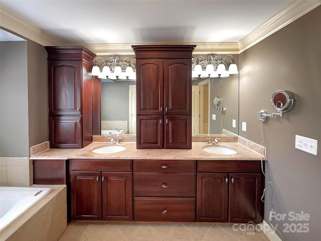 bathroom featuring tiled bath, ornamental molding, double vanity, and tile patterned floors