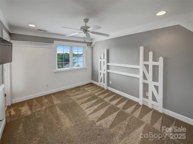 unfurnished bedroom featuring carpet floors, baseboards, recessed lighting, and ceiling fan