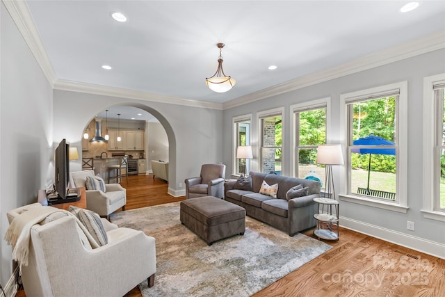 6211 Cruden Bay Way, Charlotte, NC 28277 - living room featuring arched walkways, healthy amount of natural light, wood finished floors, ornamental molding, and recessed lighting