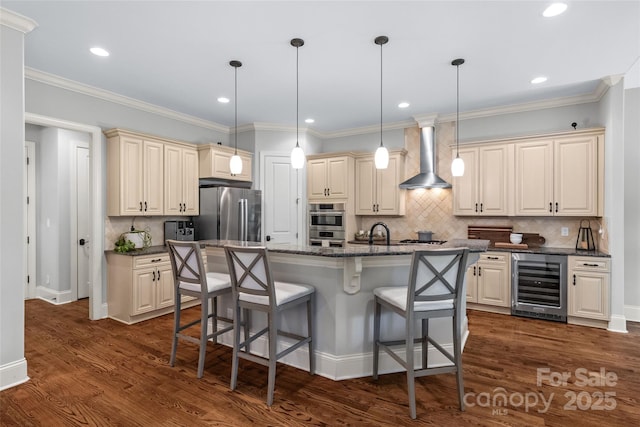 6211 Cruden Bay Way, Charlotte, NC 28277 - kitchen with wine cooler, high end refrigerator, wall chimney exhaust hood, cream cabinetry, and a kitchen bar