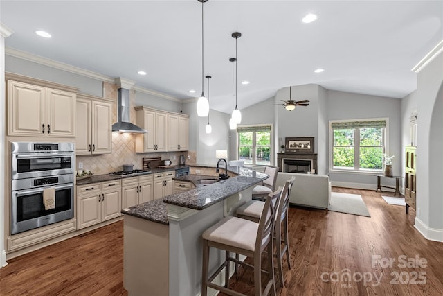 6211 Cruden Bay Way, Charlotte, NC 28277 - kitchen with cream cabinets, a fireplace, wall chimney range hood, stainless steel appliances, and a ceiling fan