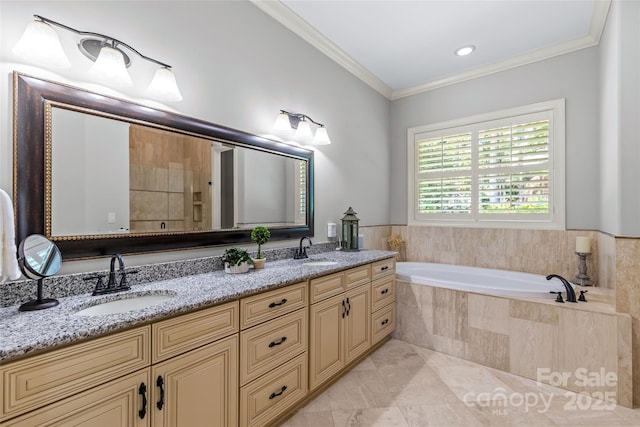 6211 Cruden Bay Way, Charlotte, NC 28277 - bathroom featuring a garden tub, double vanity, and crown molding