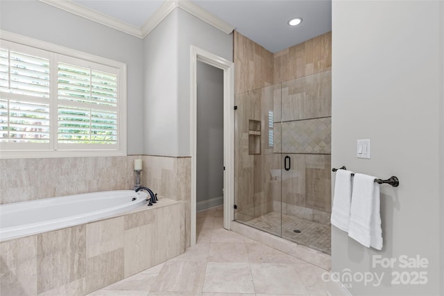 6211 Cruden Bay Way, Charlotte, NC 28277 - bathroom with a garden tub, a shower stall, ornamental molding, marble finish floors, and recessed lighting