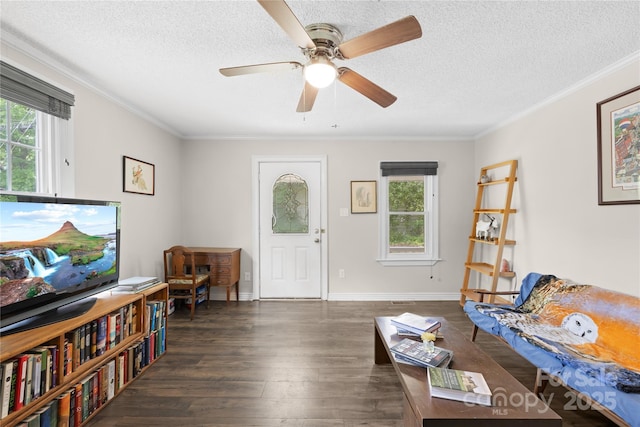 485 Lincoln St, Cramerton, NC 28032 - living area with wood finished floors, a textured ceiling, a ceiling fan, ornamental molding, and baseboards
