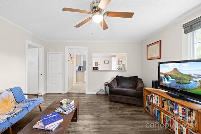 485 Lincoln St, Cramerton, NC 28032 - living area featuring ornamental molding, wood finished floors, ceiling fan, a textured ceiling, and baseboards