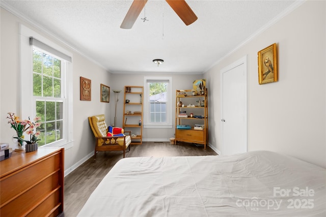 485 Lincoln St, Cramerton, NC 28032 - bedroom featuring multiple windows, crown molding, wood finished floors, a textured ceiling, and baseboards