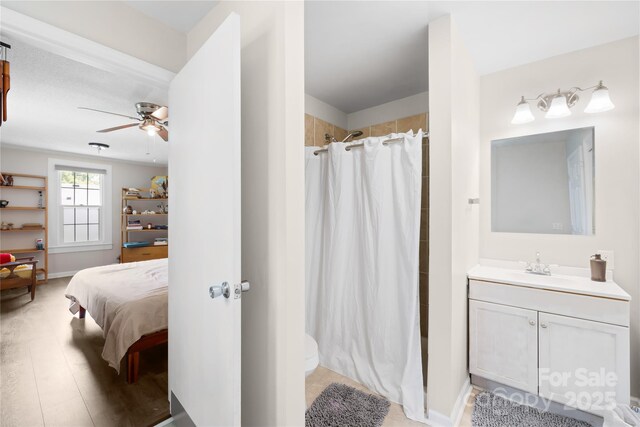 485 Lincoln St, Cramerton, NC 28032 - ensuite bathroom with curtained shower, ceiling fan, vanity, and toilet