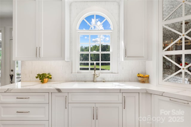 19946 River Falls Dr, Davidson, NC 28036 - kitchen with white cabinetry, light stone countertops, and a sink