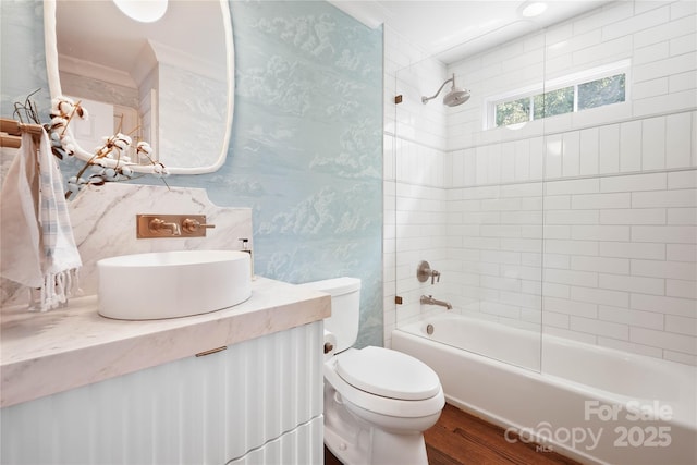 19946 River Falls Dr, Davidson, NC 28036 - full bath featuring toilet, shower / bathtub combination, wood finished floors, and vanity