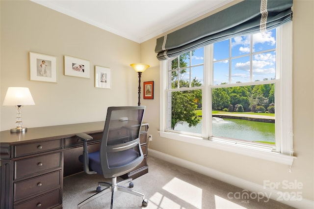 19946 River Falls Dr, Davidson, NC 28036 - office area featuring carpet floors, baseboards, ornamental molding, and a water view