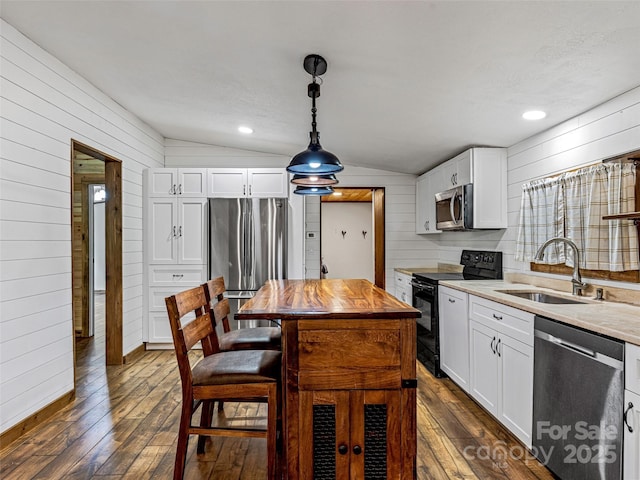 74 Saturn Ct, Clyde, NC 28721 - kitchen with stainless steel appliances, a sink, lofted ceiling, wooden walls, and dark wood-style floors